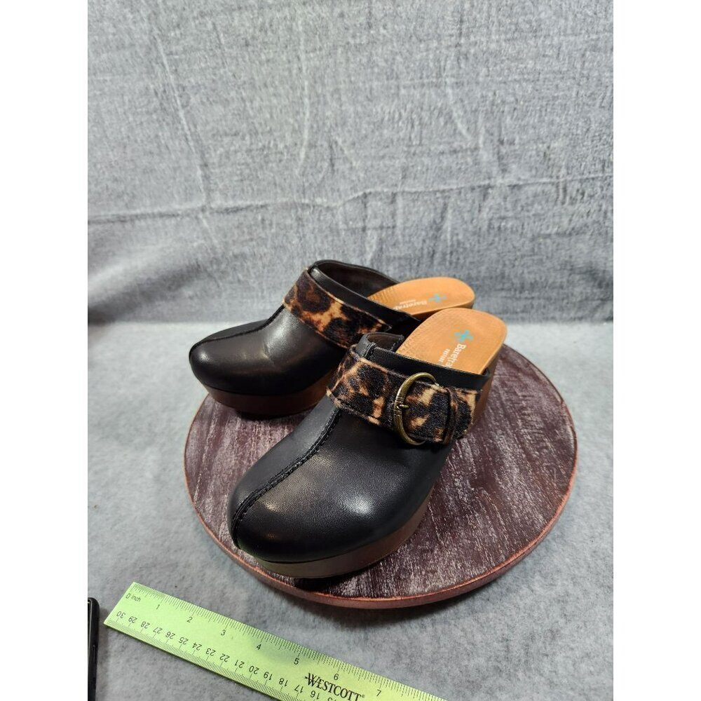 Baretraps Belita Black Leather Clogs With‎ Leopard Print Strap & Buckle 8.5